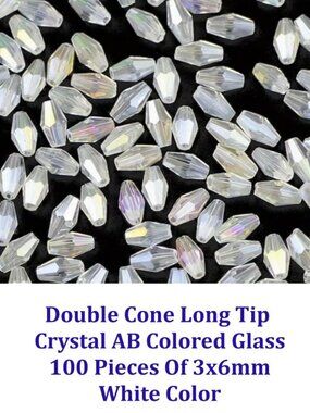 Double Cone Long Tip  Crystal AB Colored Glass 100 Pieces Of 3x6mm White Color